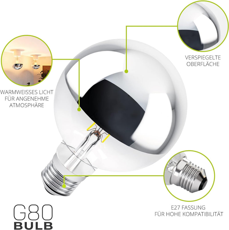 linovum LED Kopfspiegel Birne E27 mit 7W warmweiss - Globe Spiegelkopf Glühlampe mit verspiegeltem K