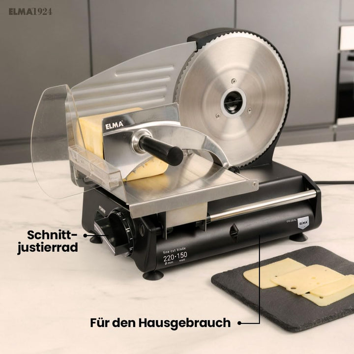 ELMA Elektrische Aufschnittmaschine CFD220 XL mit Zwei Edelstahlklingen Ø220 mm | Haushalts-Aufschni
