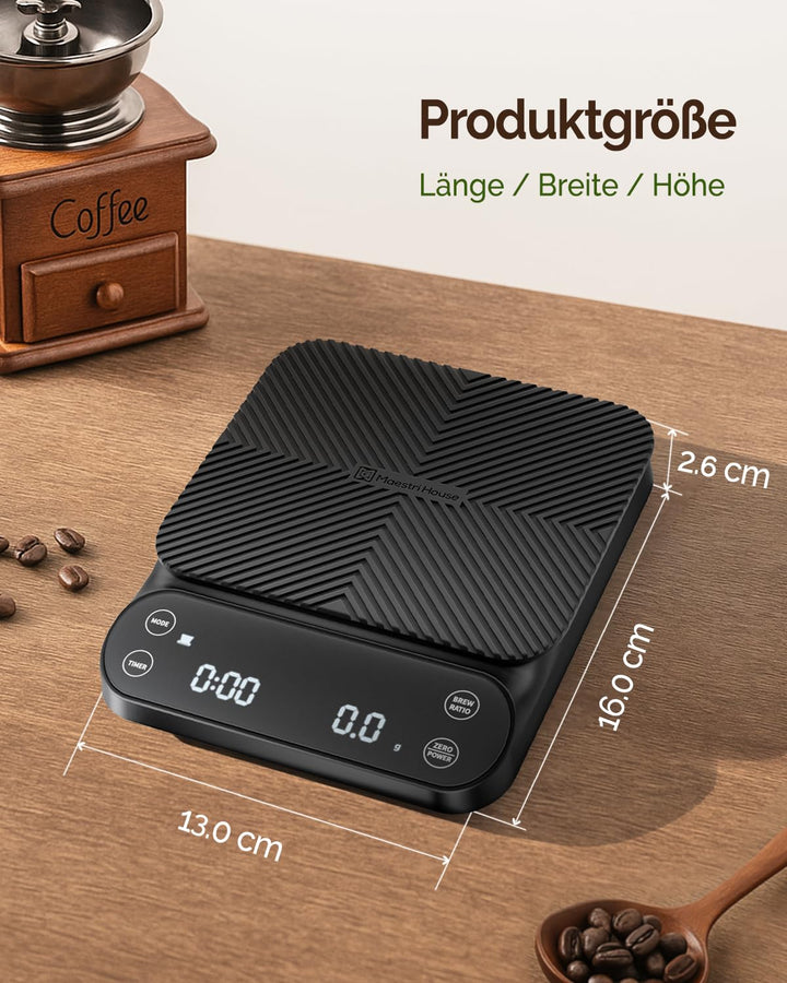 Maestri House S3 Kaffeewaage mit Timer, 3kg/0,1g Wiederaufladbar Digitale Espresso Waage, 3 Brühmodi