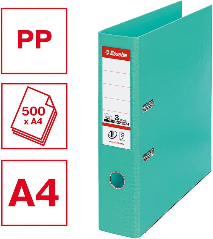 Esselte Ordner breit, DIN A4, 10er Pack, 7,5 cm Rückenbreite, Kunststoff-Ordner, Türkis, Vivida, 811