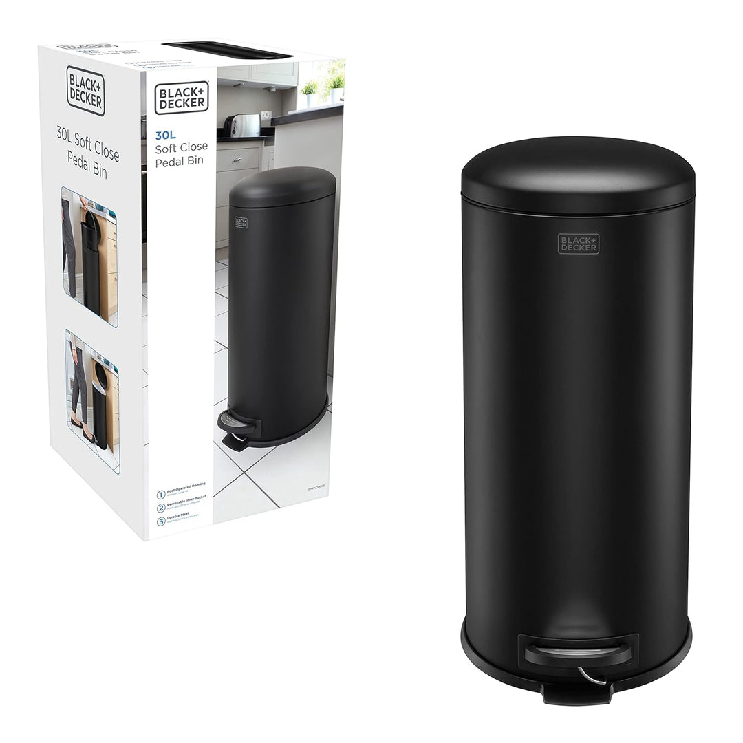 Black+Decker Treteimer mit Absenkautomatik, 30 l, Edelstahl, mattschwarz