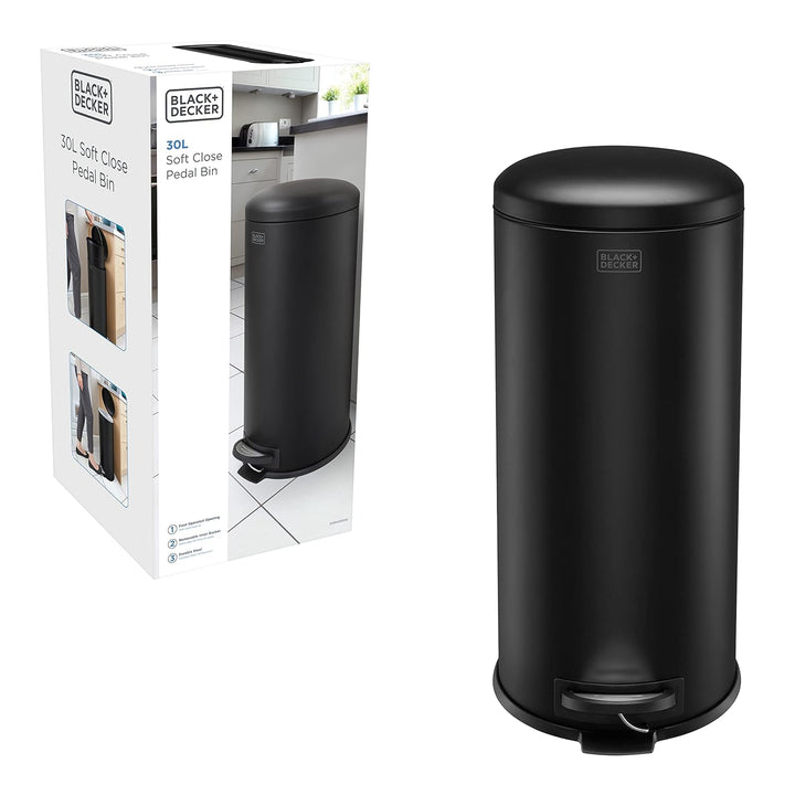 Black+Decker Treteimer mit Absenkautomatik, 30 l, Edelstahl, mattschwarz