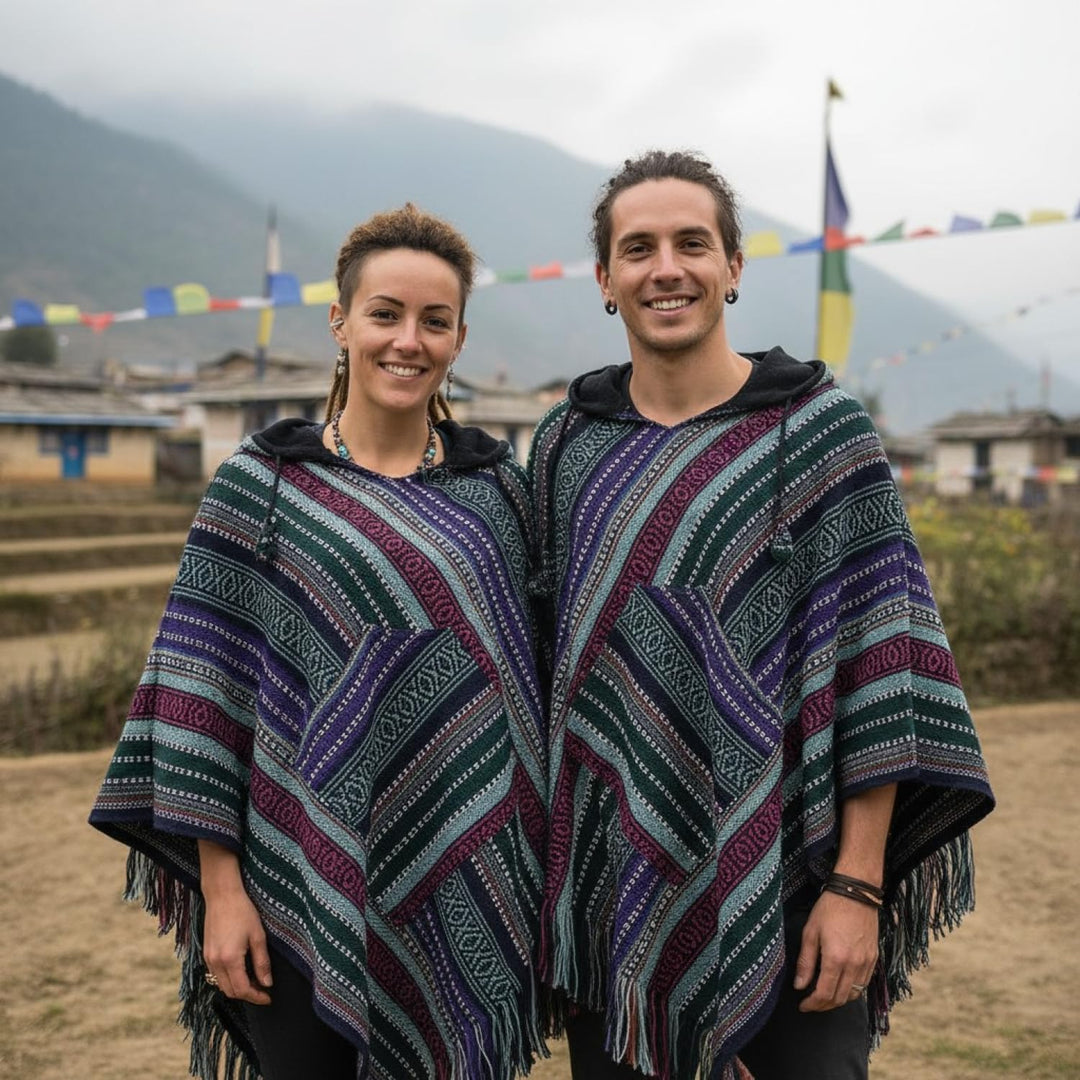GURU SHOP Unisex Poncho Hippie Chic, Andenponcho mit Fransen, Herren/Damen, Baumwolle Einheitsgrösse
