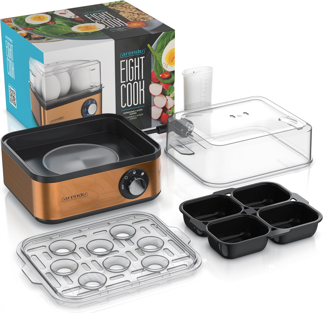 Arendo - Eierkocher Edelstahl für 1 bis 8 Eier - Egg Cooker - 500 W – Kontroll Leuchte – Drehregler