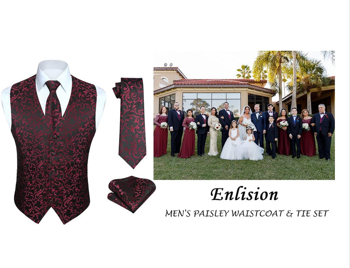 Enlision Anzugweste Herren Hochzeit Paisley Weste und Krawatte Einstecktuch Party Floral Jacquard An