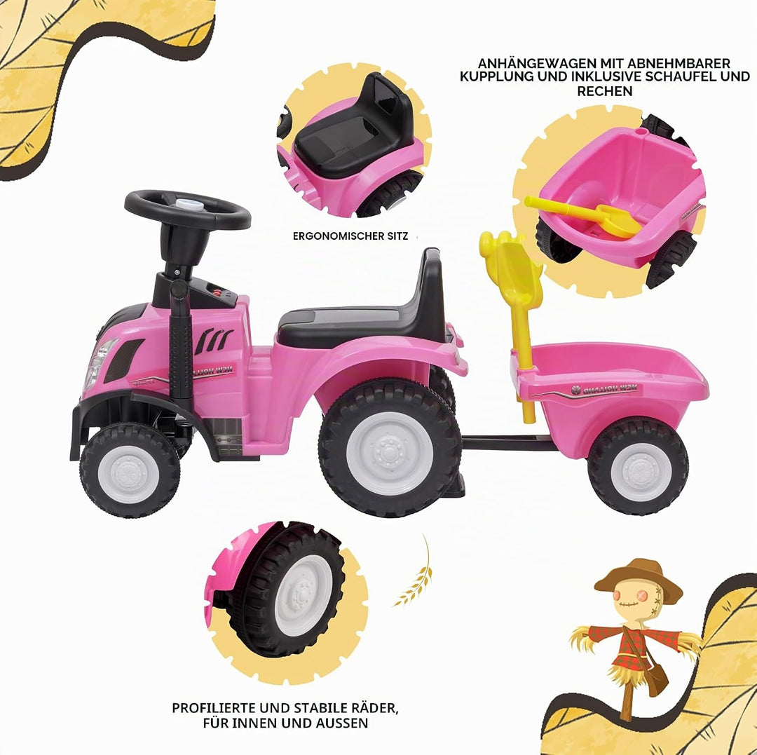 Ride-On Traktor mit Anhänger für Kinder von 12 bis 36 Monat, Traktor mit Lufthupe, Rutschspielzeug,