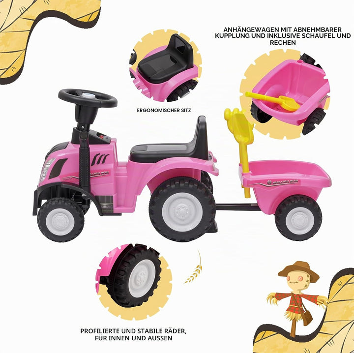 Ride-On Traktor mit Anhänger für Kinder von 12 bis 36 Monat, Traktor mit Lufthupe, Rutschspielzeug,