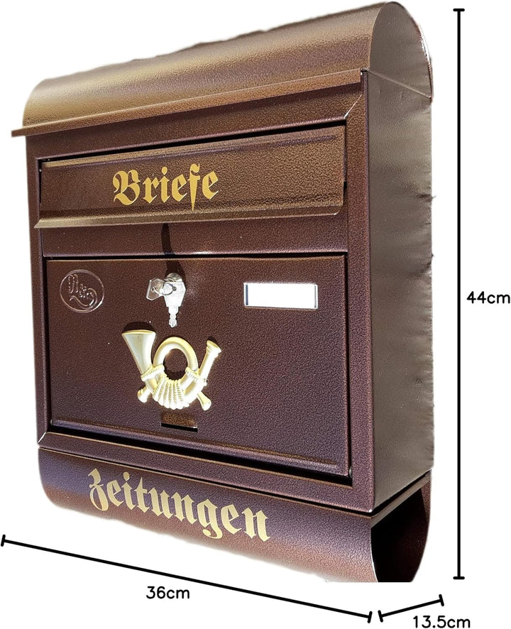 Eigenmarke Grosser Briefkasten/Postkasten XXL Kupfer/Bronce mit Zeitungsrolle Runddach Wandmontage