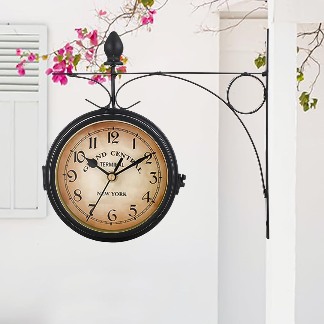 Syfunlv Vintage Bahnhofsuhr,Zweiseitige Wanduhr,21,8 * 21,8 cm,Wetterfest, Runde Wanduhr für Garten,