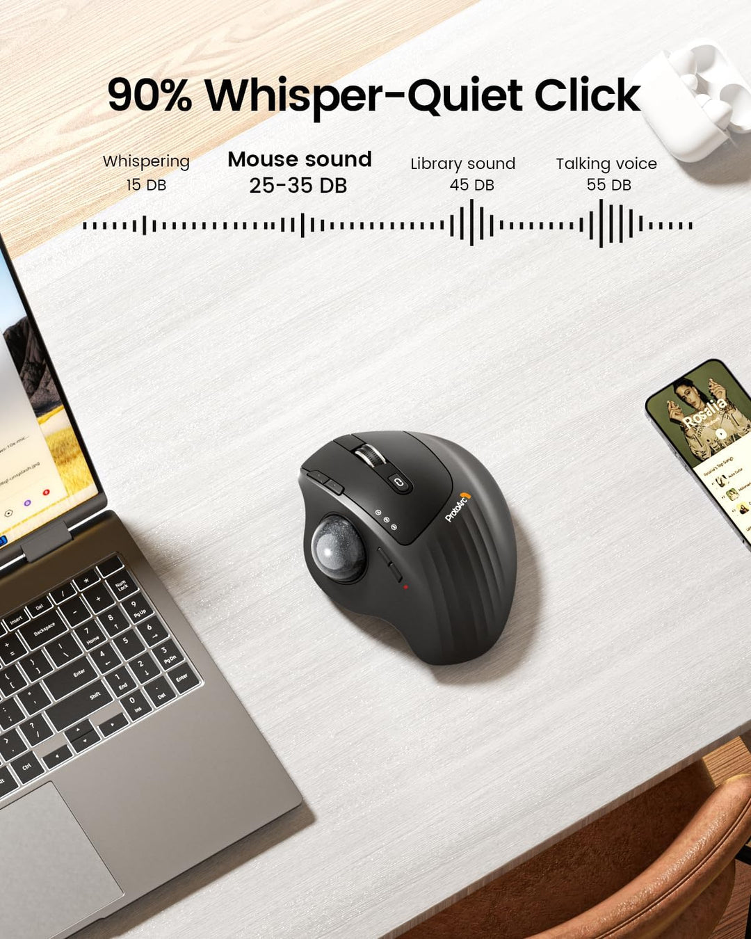 ProtoArc EM01 NL Trackball Maus, Verstellbarer Winkel Maus, 2.4G USB Kabellos & 2*Bluetooth, Daumens