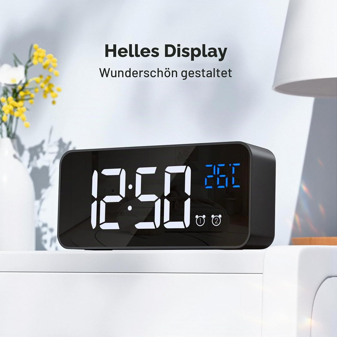 Wecker Digital, LED Digitaluhr mit Temperaturanzeige Tragbarer Spiegelalarm Tischuhr mit 2 Alarmen 1