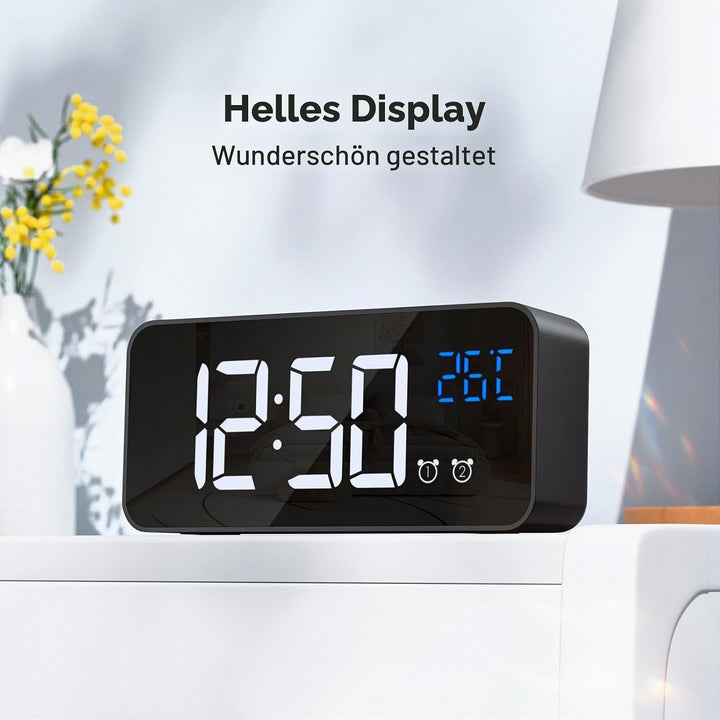 Wecker Digital, LED Digitaluhr mit Temperaturanzeige Tragbarer Spiegelalarm Tischuhr mit 2 Alarmen 1