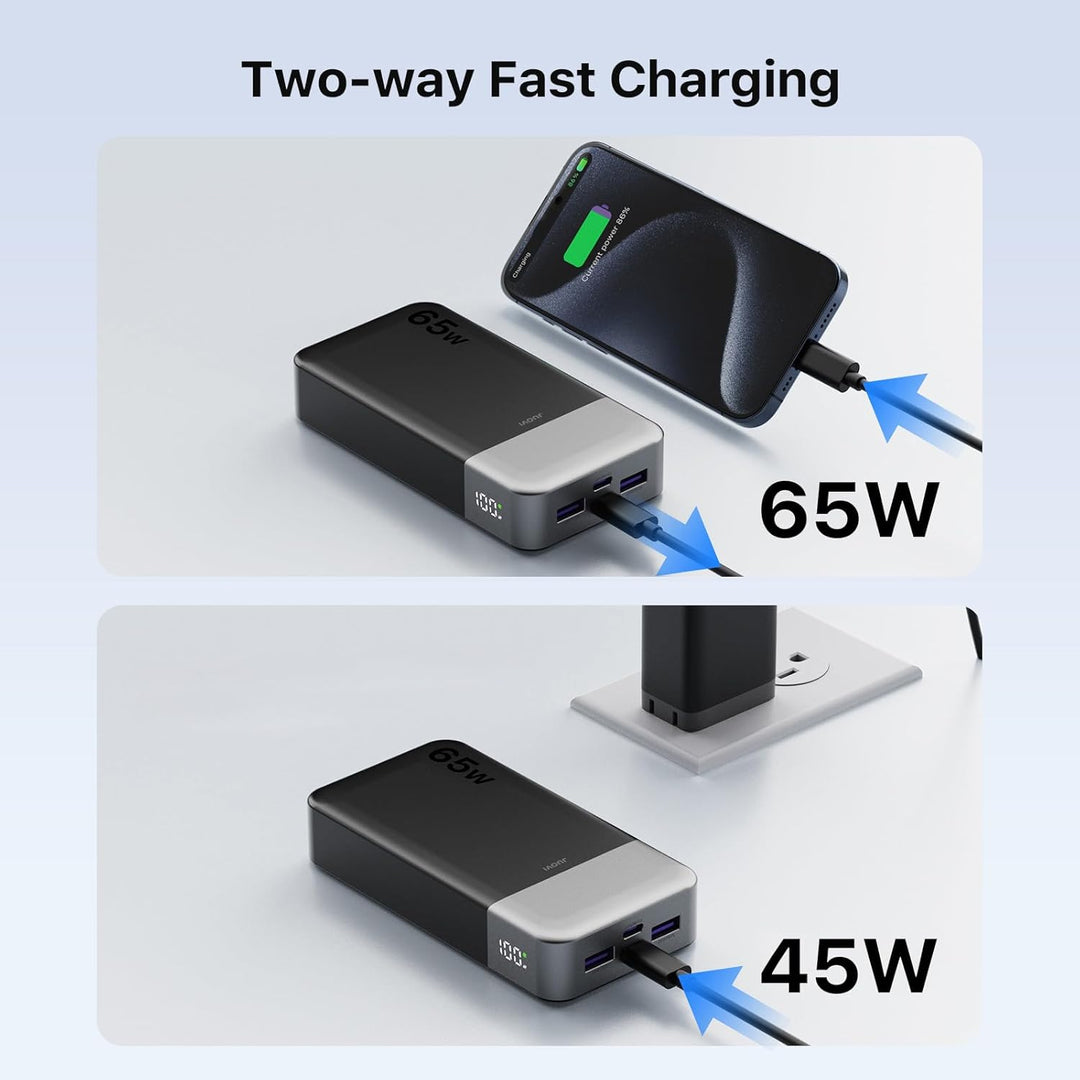 JUOVI Power Bank 65W, Powerbank 20000mAh, Laptop powerbank schnellladefunktion 2 USB-C und 2 USB-A,