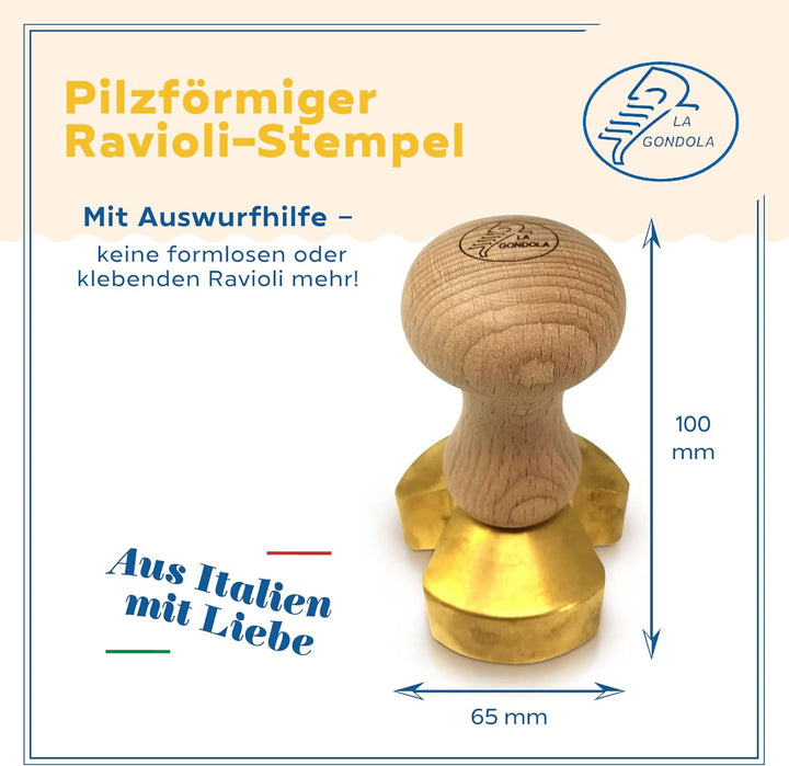 LA GONDOLA Professionelle Ravioli Stempel PILZ aus Messing mit Naturholzgriff -Formen und Stanzer vo