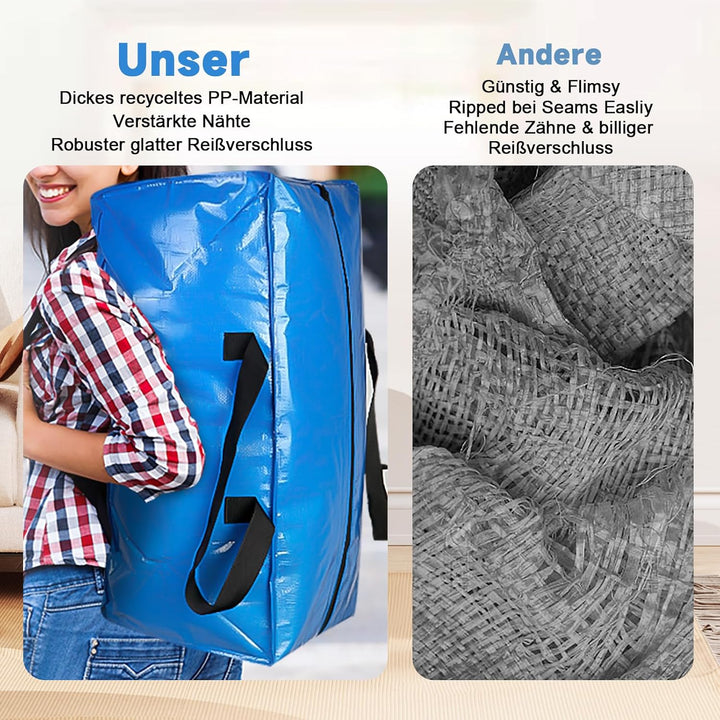 6 Stück 95L Extra Grosse Aufbewahrungstasche mit Reissverschlüssen, Robuste Umzugskartons mit Rucksa