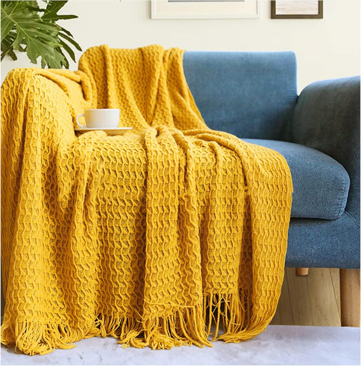 LumiSyne Zellulare Strickdecke Mit Quaste Einfarbige Zartes Hohlen Webmuster Weich Atmungsaktiv Sofa