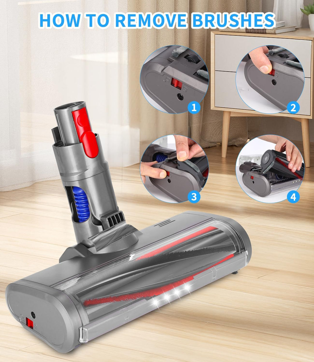 Bürste Kompatibel mit Dyson V7, V8, V10, V11, V15,Ersatzteile für Bodendüse mit 4 LEDs, Bürstenkopf