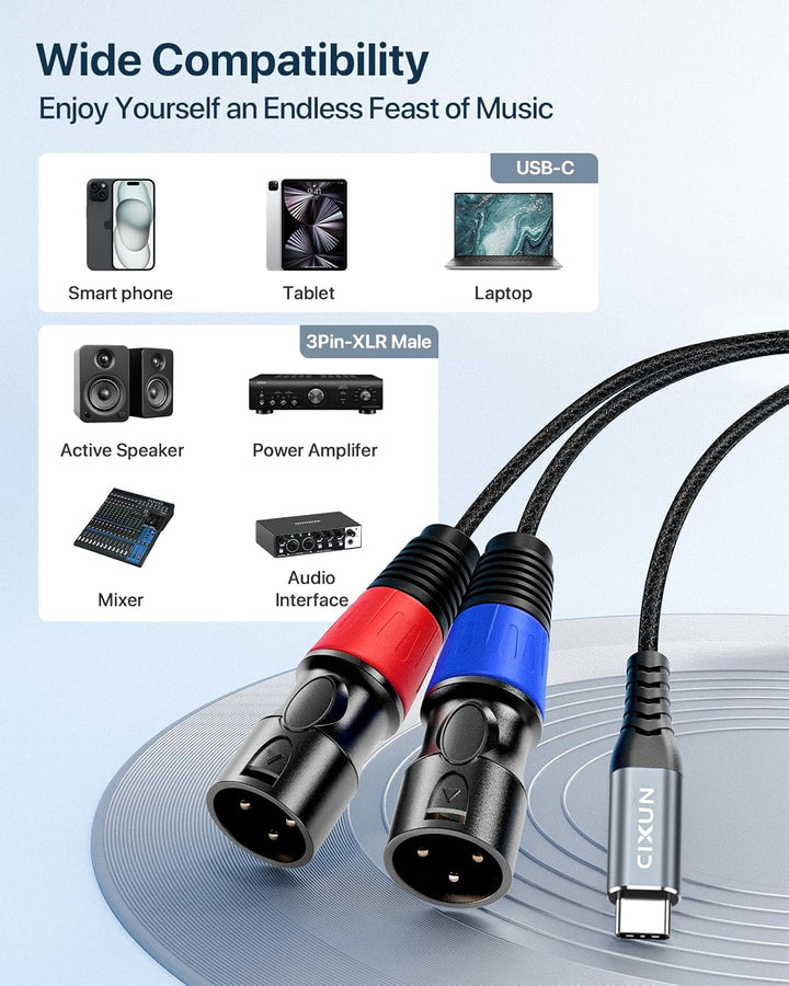 USB C auf Dual XLR Mikrofonkabel Type C auf XLR Male Output Stereo Kabel Kompatibel (2M/6.6Ft), 2M/6