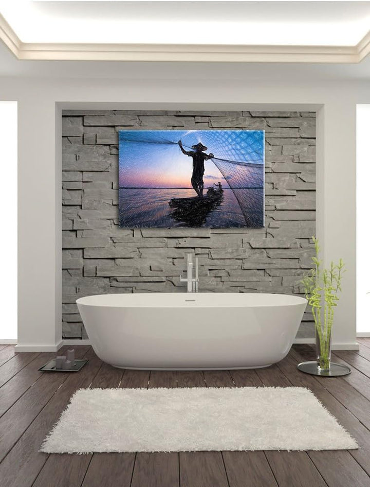 Pixxprint Fischer wirft Sein Netz aus als Leinwandbild/Grösse: 100x70 / Wandbild/Kunstdruck/fertig b