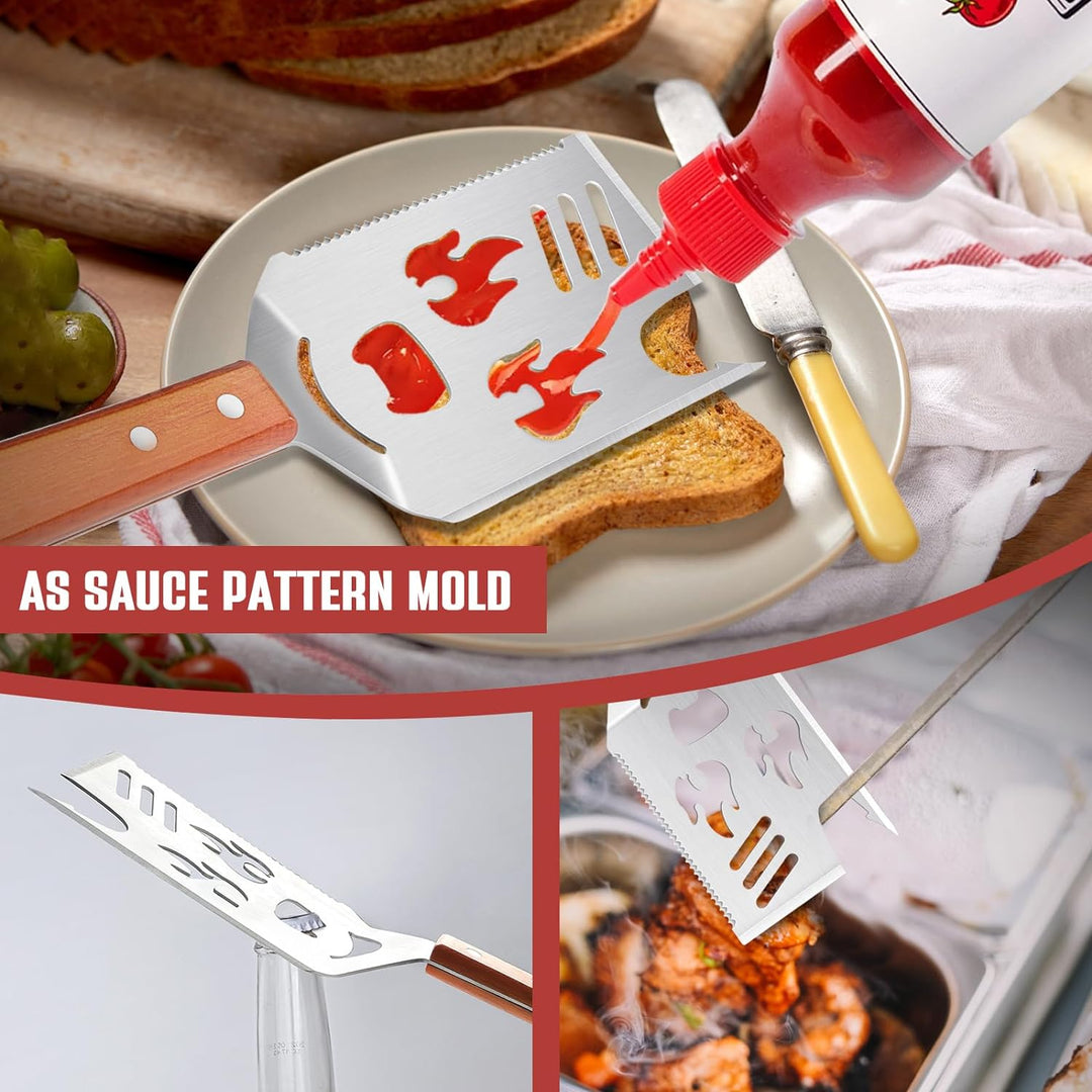 8 in 1 Grillspachtel für Barbecue, Grillbesteck mit Holzgriff, Multifunktionales Grill Zubehör, 40.5