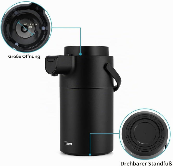 Tiken 3L Pumpkanne Thermoskanne Edelstahl Doppelwandige Vakuum Isolierkanne Schwarz 3000 ml, Schwarz