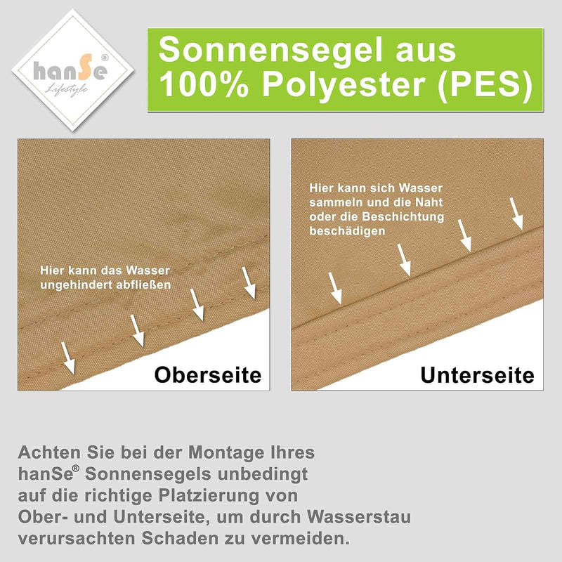 hanSe Sonnensegel rechteckig, Segeltuch Rechteck, 2x3 m in Sand, aus 100% Polyester, wetterbeständig