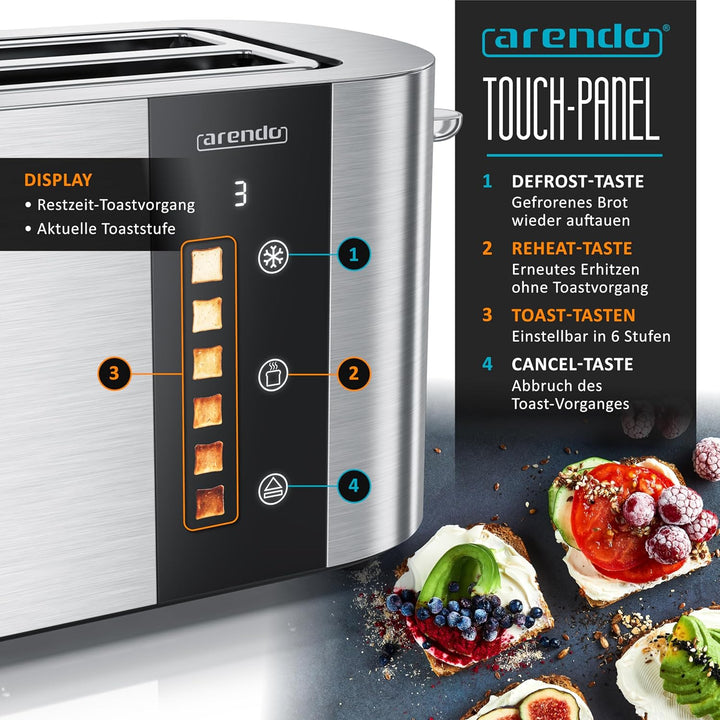 Arendo - Edelstahl Toaster 4 Scheiben Langschlitz - Touchscreen – Doppelwandgehäuse – 1500 W – Integ