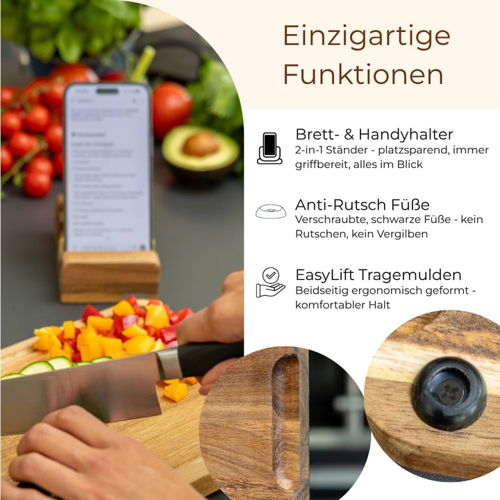 Cut’n Cook Moments Schneidebrett 3er Set | Akazienholz | GRATIS Pflegeöl & Brettständer | Saftrille