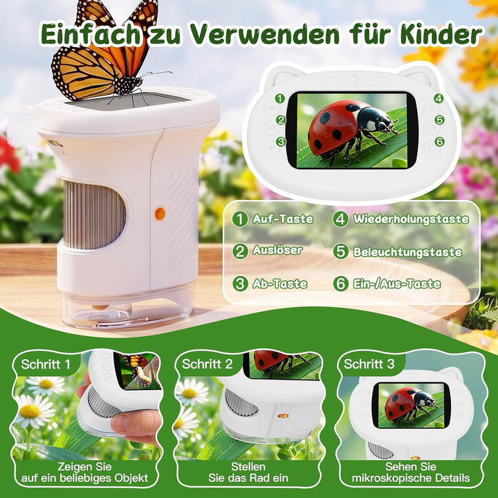 Tragbares Mikroskop für Kinder, 1000x Digitales Handmikroskop Kinder mit 2,4 Zoll IPS Bildschirm, Fo
