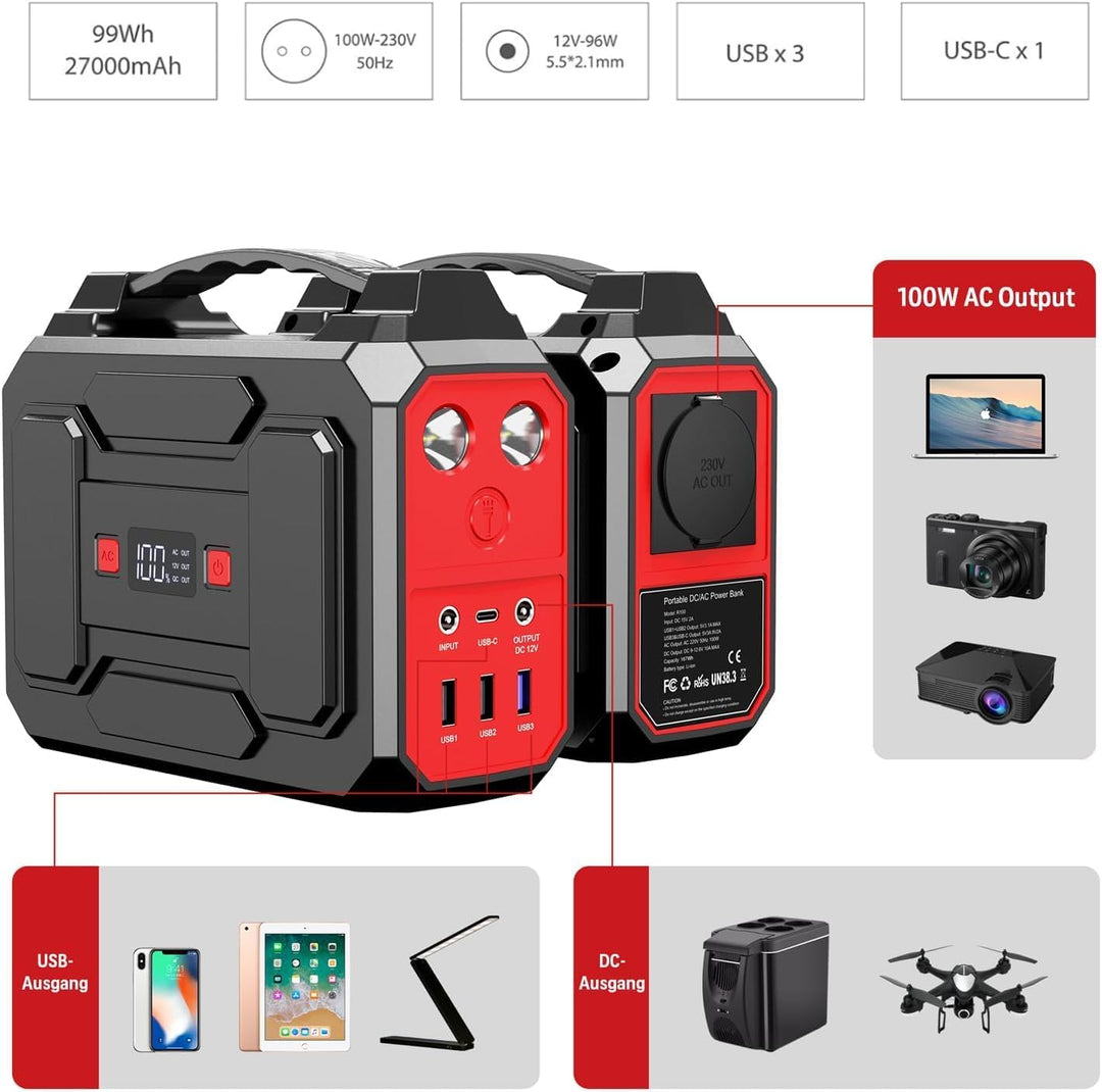 Powkey Solargenerator R100 mit 40W Solarpanel, 99Wh Akku Tragbare Powerstation, 100W AC/18W USB-C Au