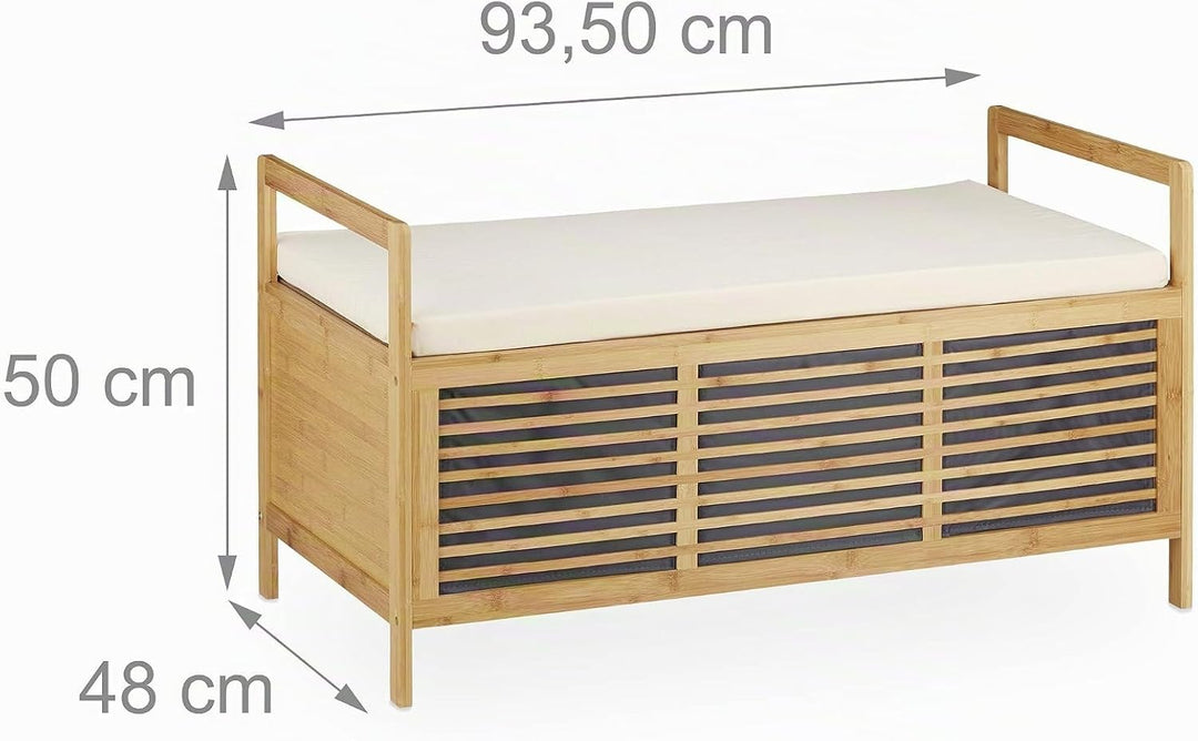 Relaxdays Sitzbank mit Stauraum, Aufbewahrungsbox m. Sitzkissen f. Flur, Bambus Truhe L HxBxT: 50 x