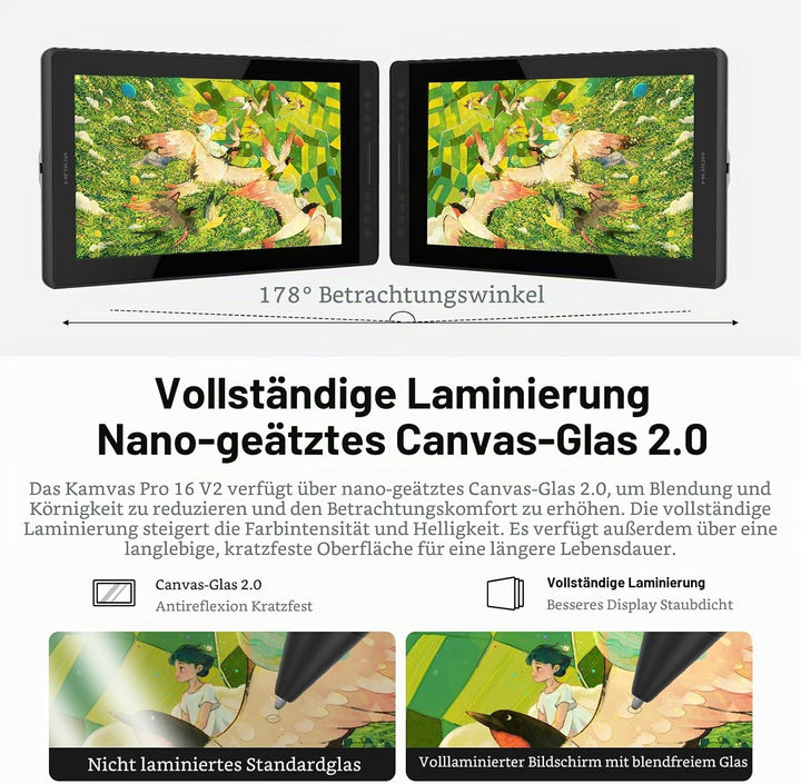 HUION Kamvas Pro 16 V2 Grafiktablett mit Display, 15,6 Zoll Drawing Tablet 16384 Stiftdruck, batteri