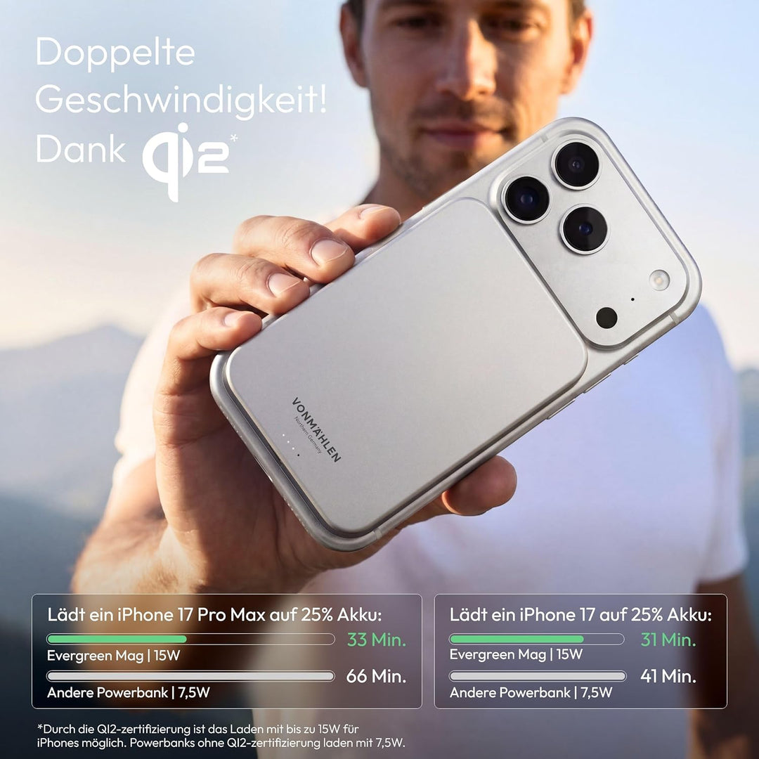 VONMÄHLEN Evergreen Mag 10.000 mAh Qi2-Powerbank – kabelloses Laden mit 15W, kompatibel mit MagSafe,