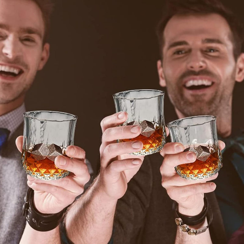 Whiskey Stones Geschenkset mit 2 Gläsern, handgefertigter Geschenkbox, 8 Granit-Whiskey-Rocks & Samt
