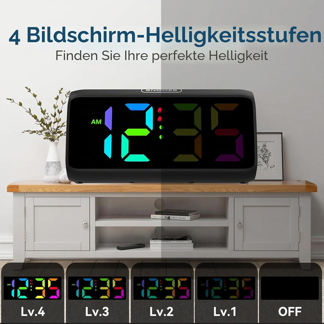 Lauter Wecker für Tiefschläfer, Wecker Digital mit Bunte Display, Doppelalarm, 5 Helligkeitsdimmer,