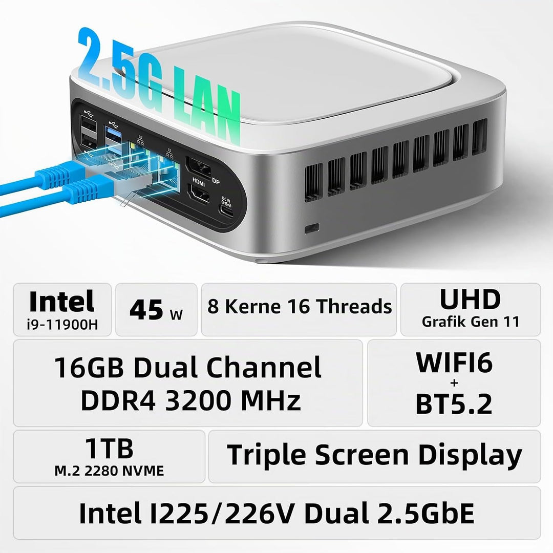 AWOW Mini PC Windows 11 Pro Intel i9-11900H (8C/16T, bis zu 4.9Ghz), 32GB DDR4 512GB/1T NVME SSD Min