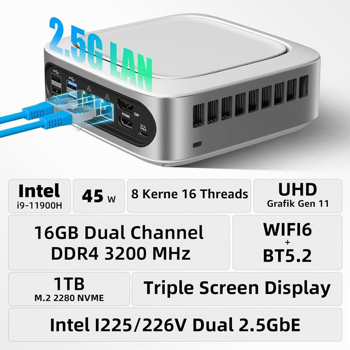 AWOW Mini PC Windows 11 Pro Intel i9-11900H (8C/16T, bis zu 4.9Ghz), 32GB DDR4 512GB/1T NVME SSD Min