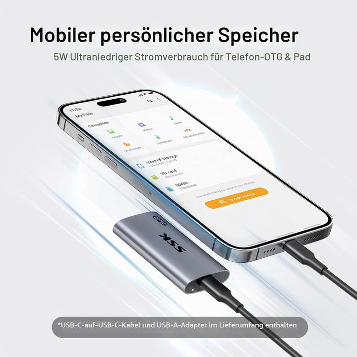 SSK Externe SSD 256GB, USB 3.2 Gen2 Portable SSD, bis zu 550 MB/s, Externe Festplatte mit USB C&A 2