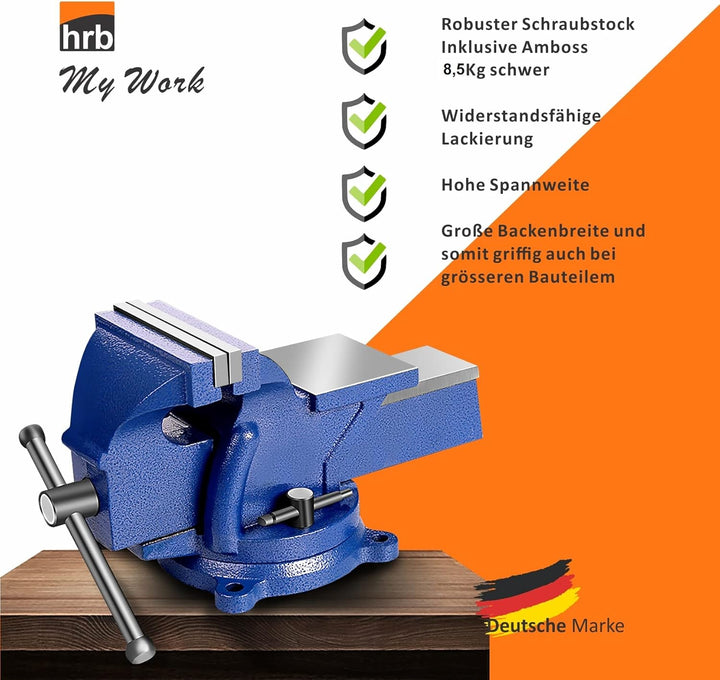 Robuster HRB Schraubstock 125 mm Backenbreite für Werkbank 360° drehbar (Spannweite 120 mm, Gewicht