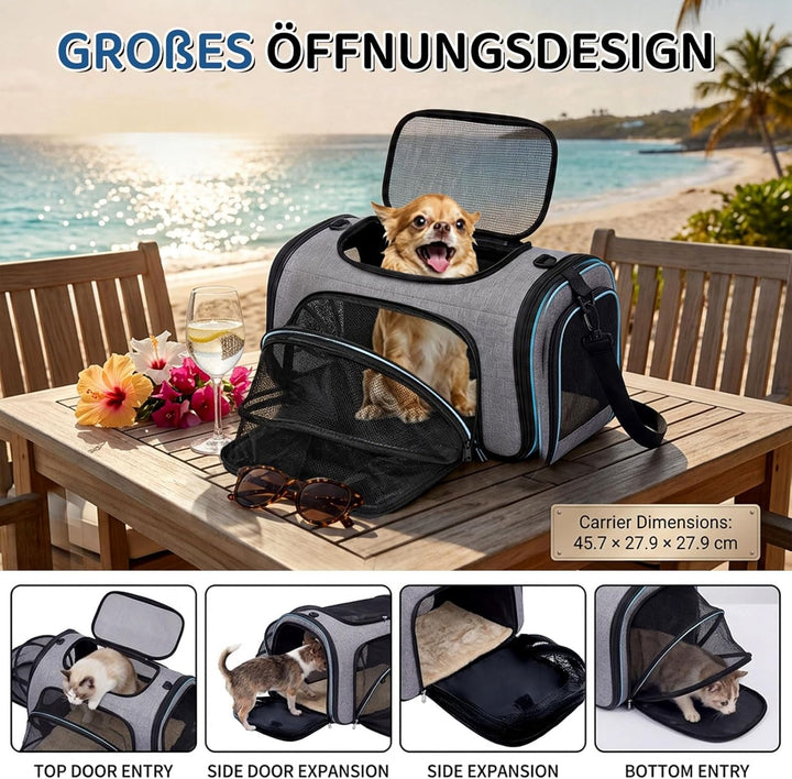 Faltbarer Transporttasche Katze und Hund,erweiterbare Katzentransportbox mit Schultergurt Hundetrage