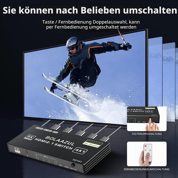 Bolaazul 8K@60Hz HDMI 2.1 Splitter Switcher Box 4-Port mit IR Fernbedienung 4K@120Hz 2K@144Hz, HDR,