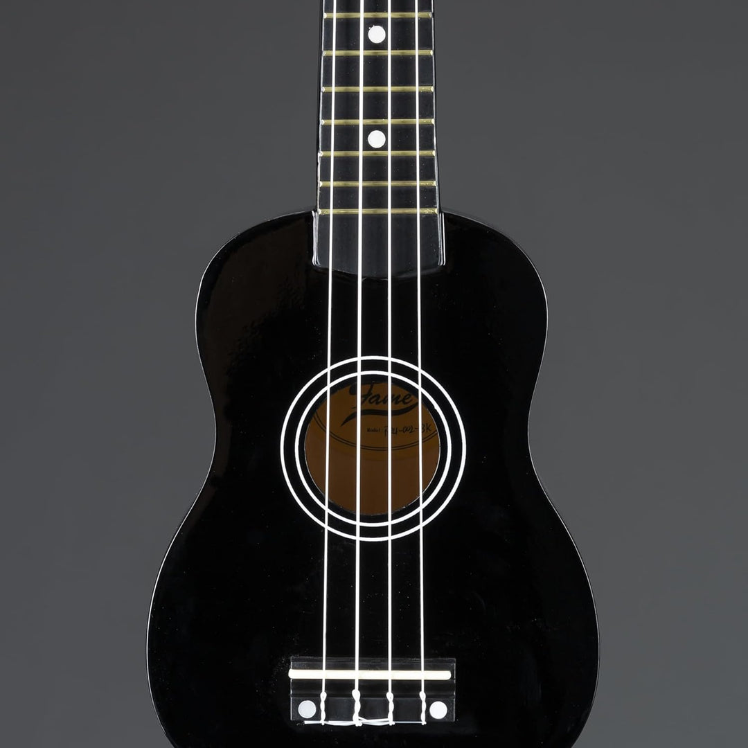 Fame UKE-S BW Sopran Ukulele, Schwarz, Inklusive Tasche, Lindenholz-Korpus, 12-Bund Composite-Griffb