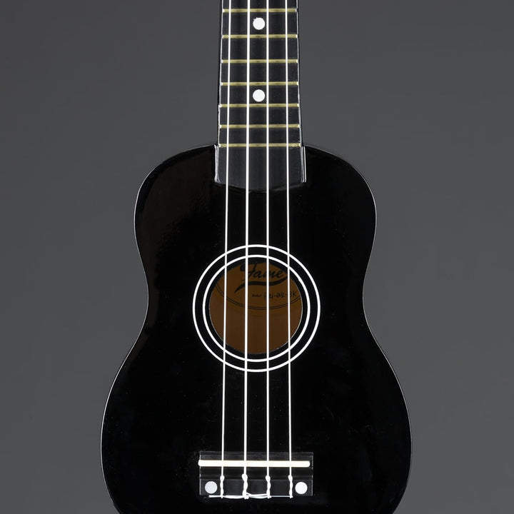 Fame UKE-S BW Sopran Ukulele, Schwarz, Inklusive Tasche, Lindenholz-Korpus, 12-Bund Composite-Griffb