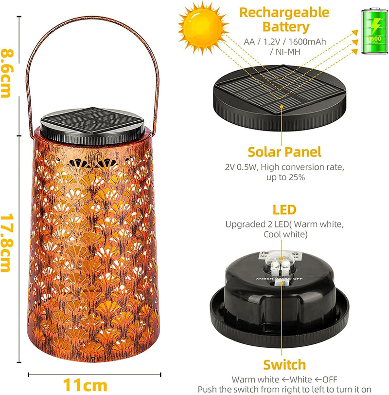 Solarlaterne für Aussen, Moman 2 Stück Metall Solarlampen für Aussen Garten mit Kalt/Warm Licht, Hän