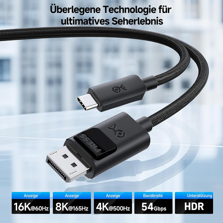 Cable Matters Unidirektionales USB C auf DisplayPort 2.1 Kabel 0,9 m, 54 Gbit/s DP54 (UHBR13.5), 8K@