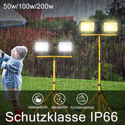 UISEBRT LED Baustrahler 2 * 100W Kaltweiss mit Stativ Baustellen Strahler inkl. Netzkabel LED Fluter