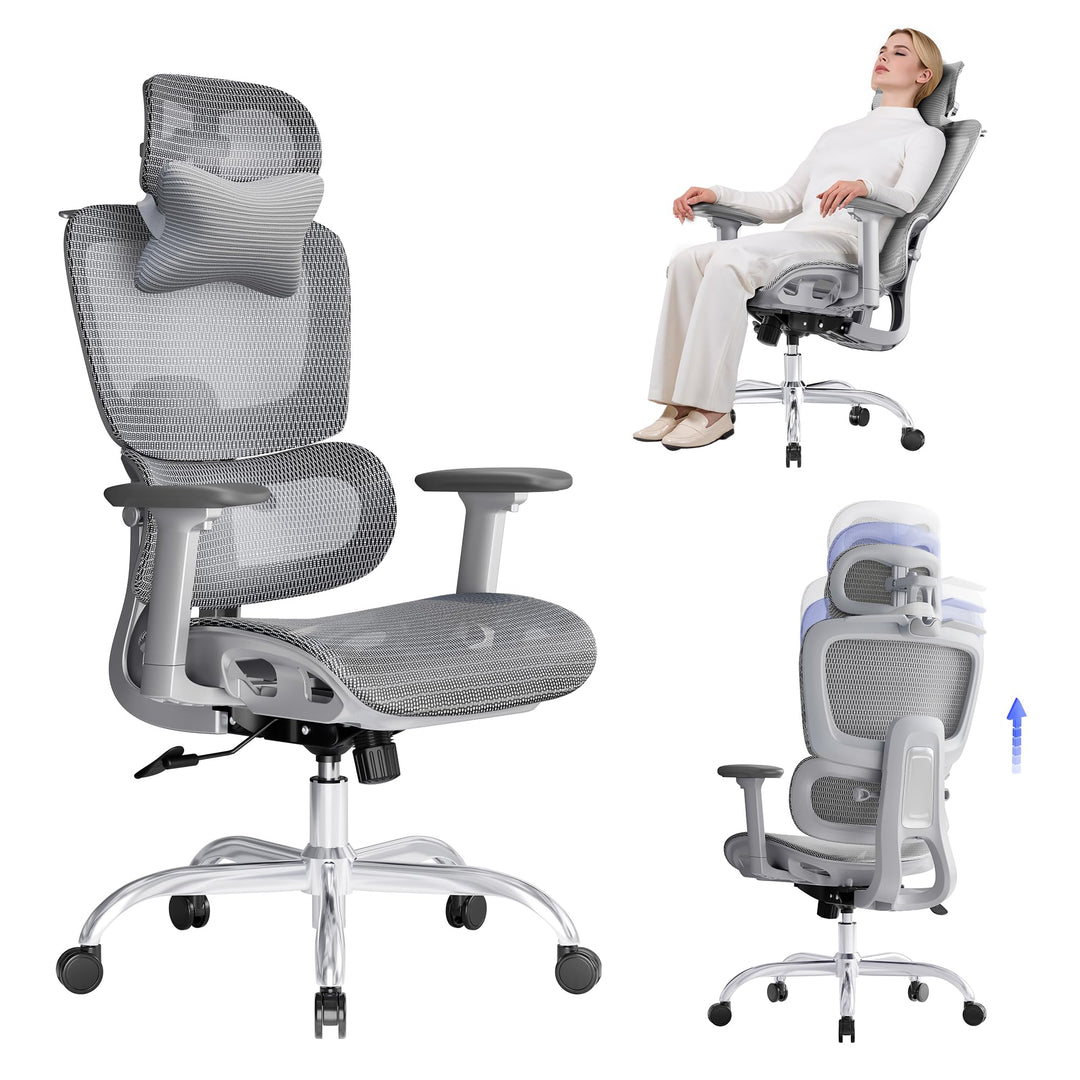 Ergonomischer Bürostuhl Schreibtischstuhl, Netzstoff Drehstuhl mit 2D-Lendenwirbelstütze & 3D-Kopfst