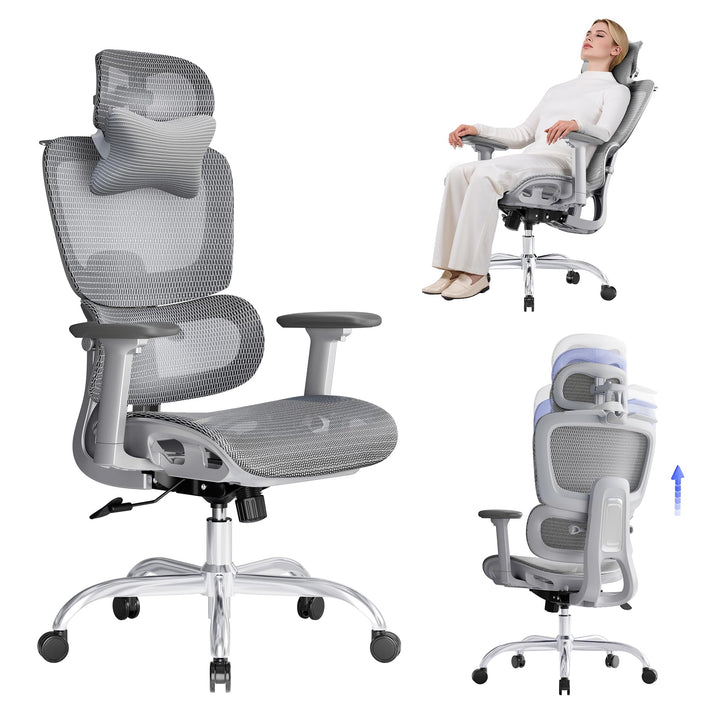 Ergonomischer Bürostuhl Schreibtischstuhl, Netzstoff Drehstuhl mit 2D-Lendenwirbelstütze & 3D-Kopfst