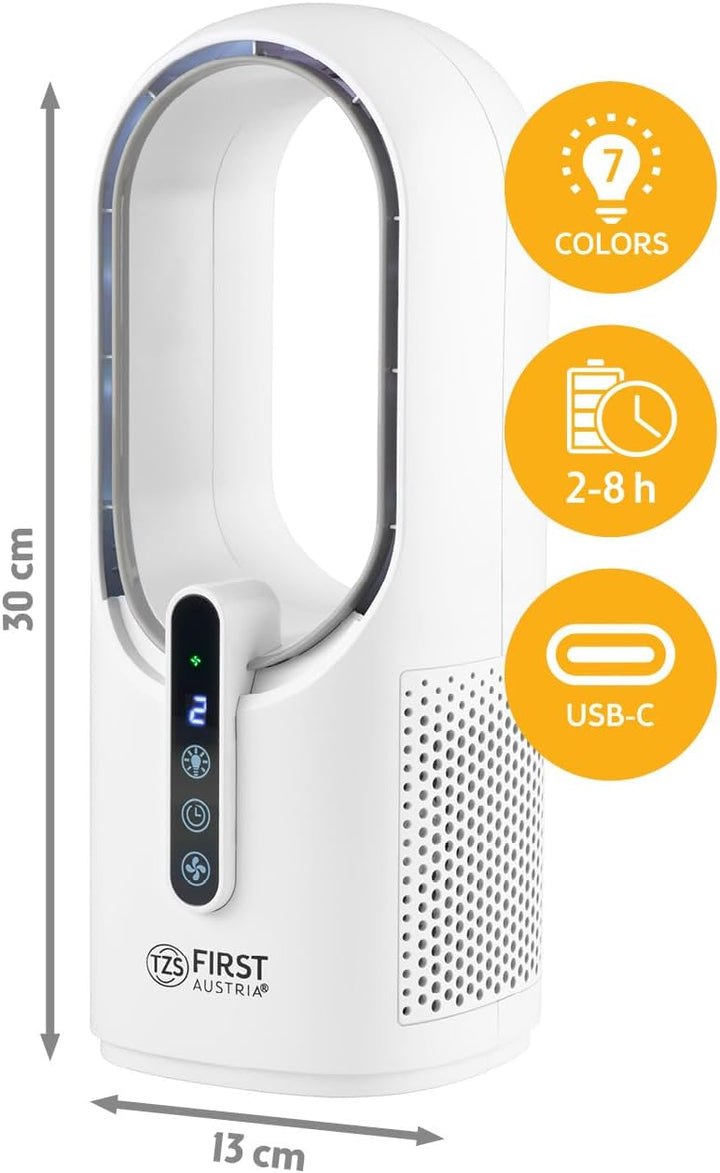 TZS First Austria Tischventilator mit Akku 2500mAh | USB Aufladekabel 5V | Leiser Ventilator mit Dis