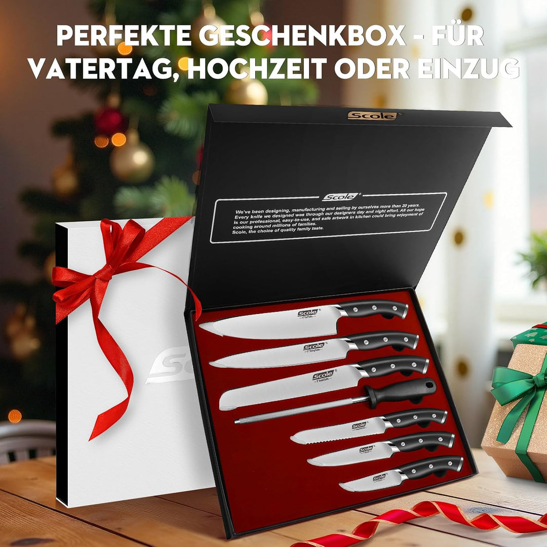 SCOLE® Messerset, Rasierscharf Küchenmesser Set 7-teilig mit Wetzstab, Messer Set, Profi Kochmesser